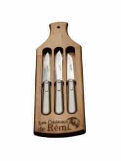 SET 3 COUTEAUX "OFFICE" COLORI SABLE SUR PLANCHE EN BOIS