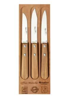 SET 3 COUTEAUX "PAPERSTONE" BOIS D'OLIVIER SUR PLANCHE EN BOIS