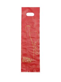 SAC PLASTIQUE ROUGE IMPRESSION OR 1 BOUTEILLE (poignées intégrées)