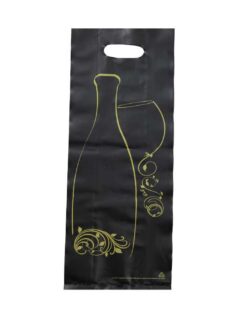 SAC PLASTIQUE NOIR IMPRESSION OR 2 BOUTEILLES (poignées intégrées)