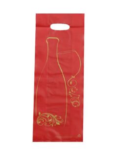 SAC PLASTIQUE ROUGE IMPRESSION OR 2 BOUTEILLES (poignées intégrées)