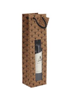 SAC KRAFT BRUN GAUFRÉ MOTIF GINKO AVEC FENÊTRE 1 BOUTEILLE (poignées cordelières)