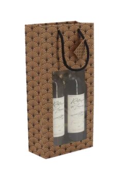 SAC KRAFT BRUN GAUFRÉ MOTIF GINKO AVEC FENÊTRE 2 BOUTEILLES (poignées cordelières)