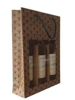 SAC KRAFT BRUN GAUFRÉ MOTIF GINKO AVEC FENÊTRE 3 BOUTEILLES (poignées cordelières)