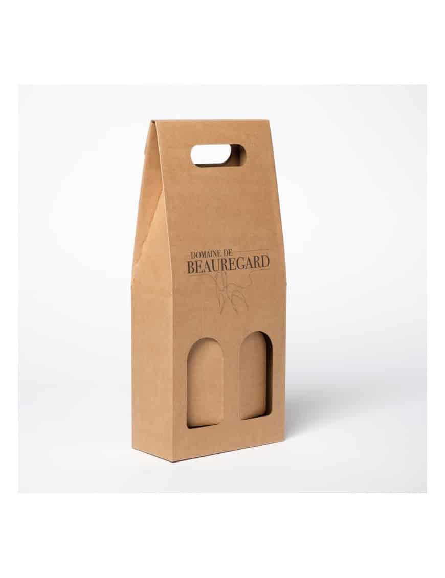 VALISETTE KRAFT BRUN PERSONNALISÉE - 2 BOUTEILLES - avec fenêtres et poignée intégrée