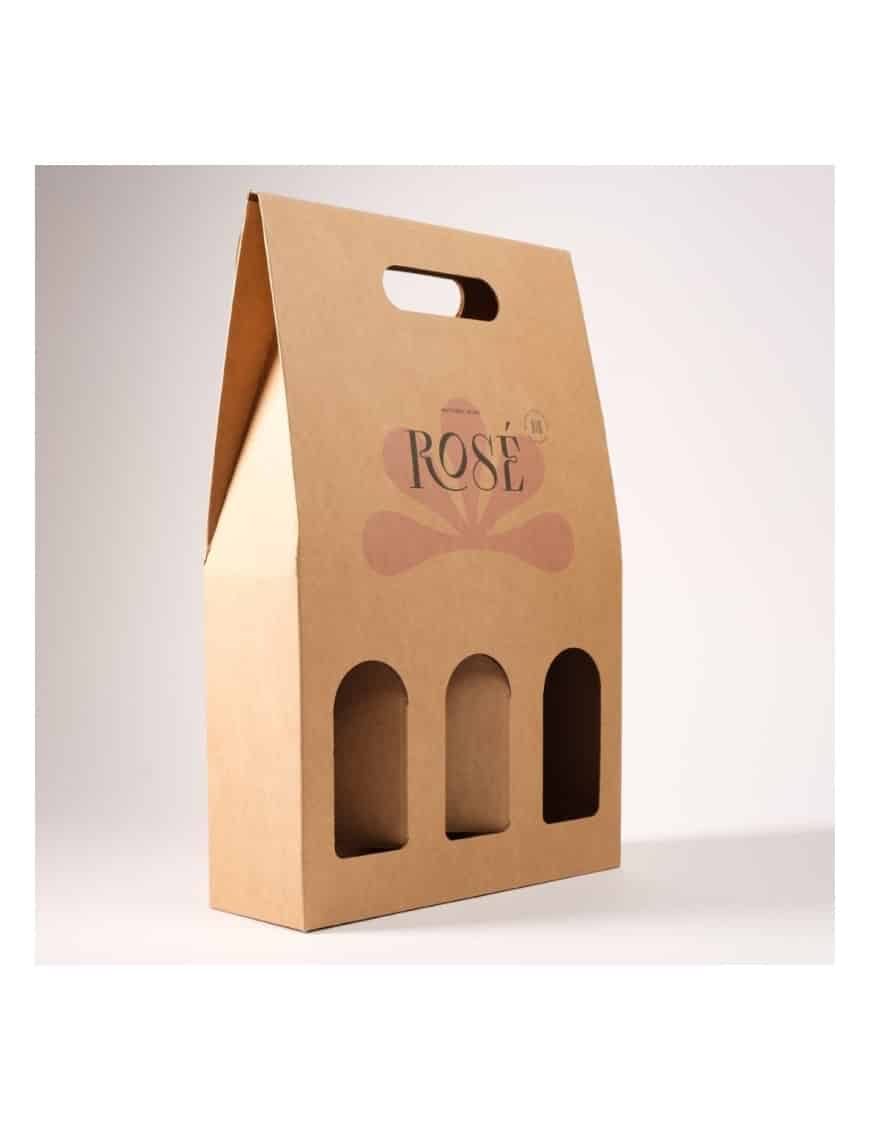 VALISETTE KRAFT BRUN PERSONNALISÉE - 3 BOUTEILLES - avec fenêtres et poignée intégrée